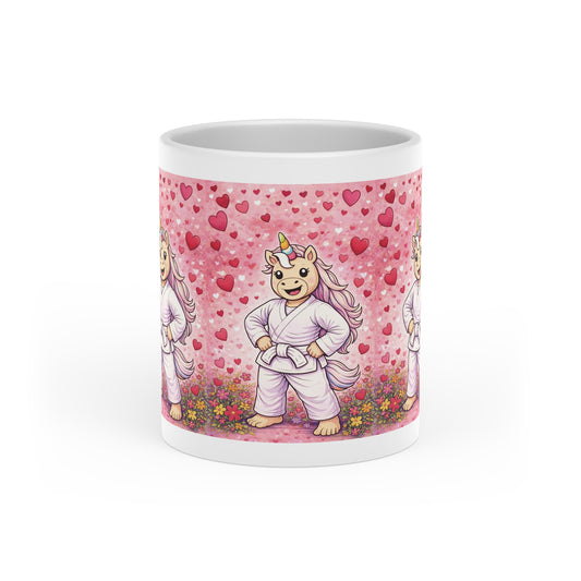 Unicorn Jiu-Jitsu Mug — Cute Heart Background Coffee Cup for Martial Arts Fans