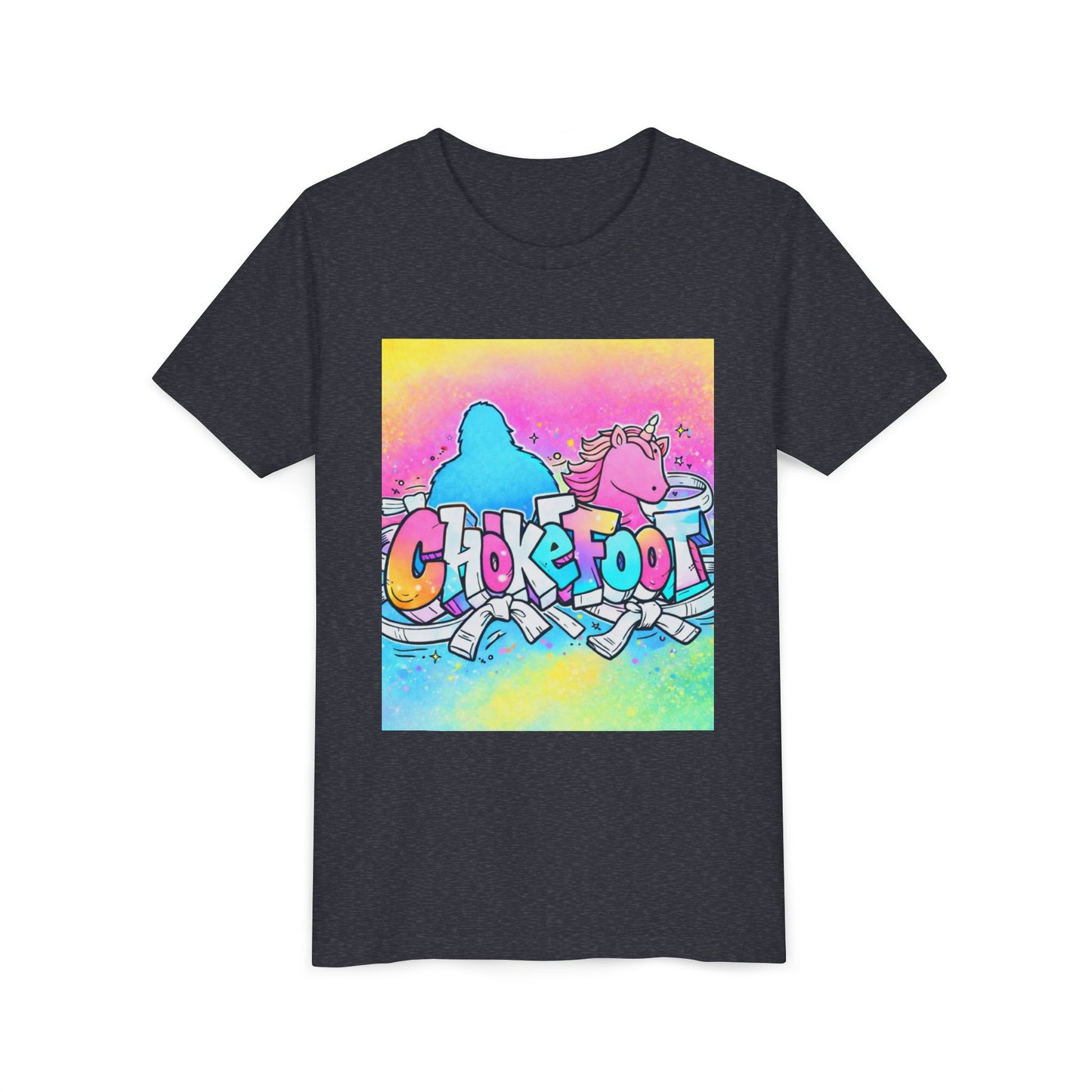 Youth Tee — Colorful 'Chokefoot' Cartoon Unicorn & Bigfoot Graphic