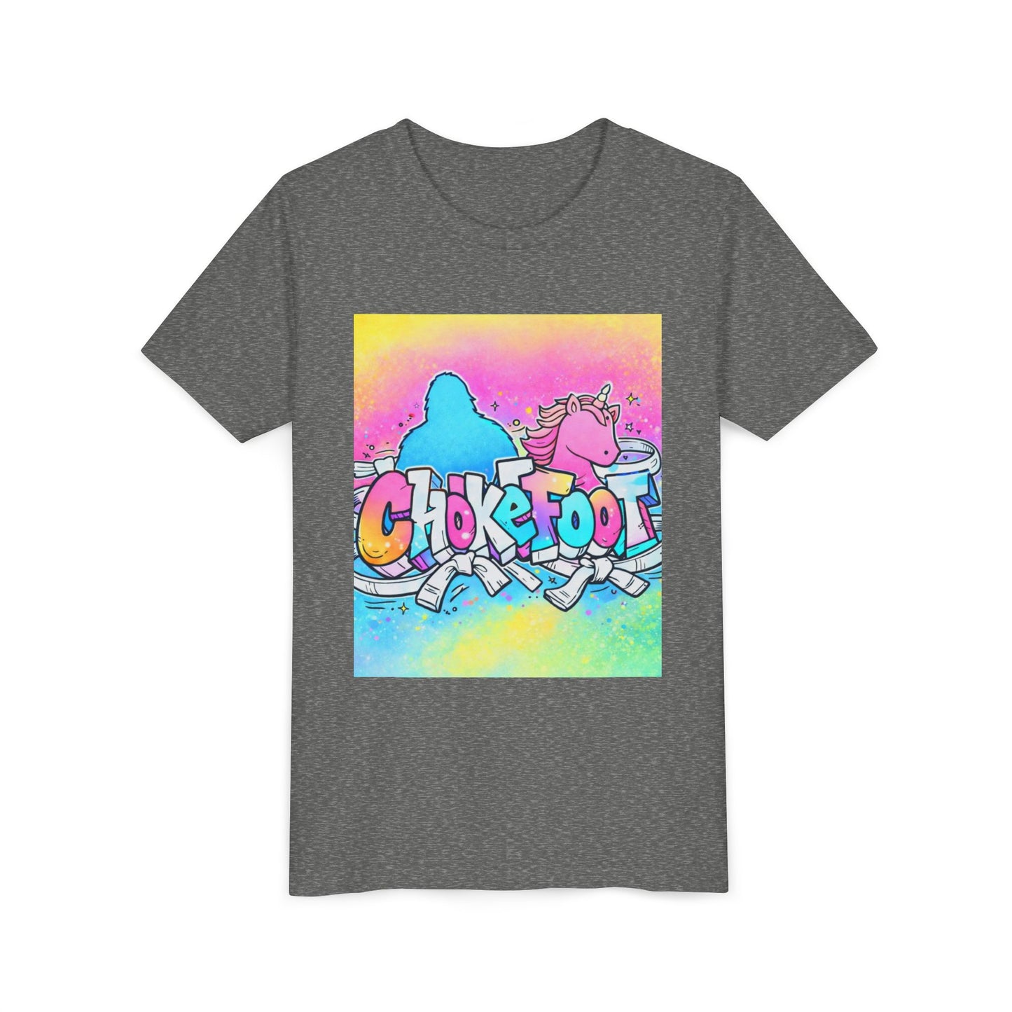 Youth Tee — Colorful 'Chokefoot' Cartoon Unicorn & Bigfoot Graphic