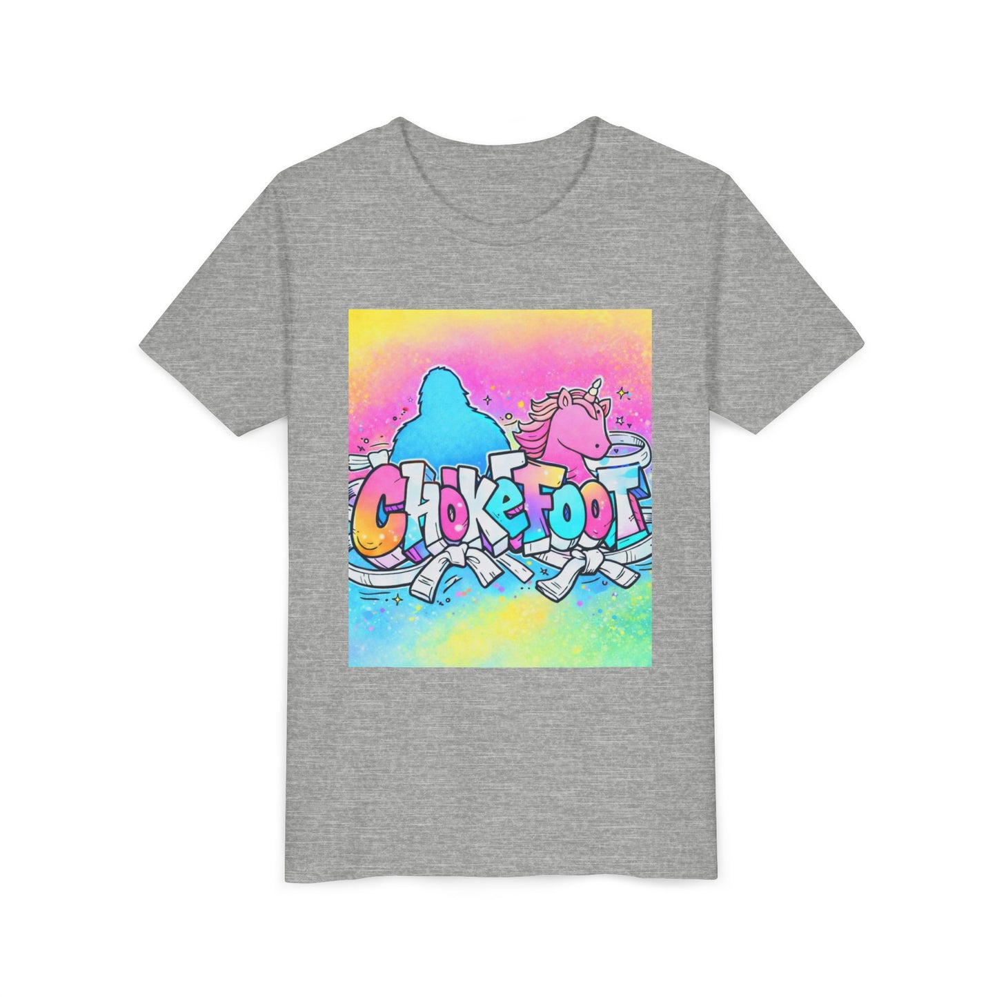 Youth Tee — Colorful 'Chokefoot' Cartoon Unicorn & Bigfoot Graphic
