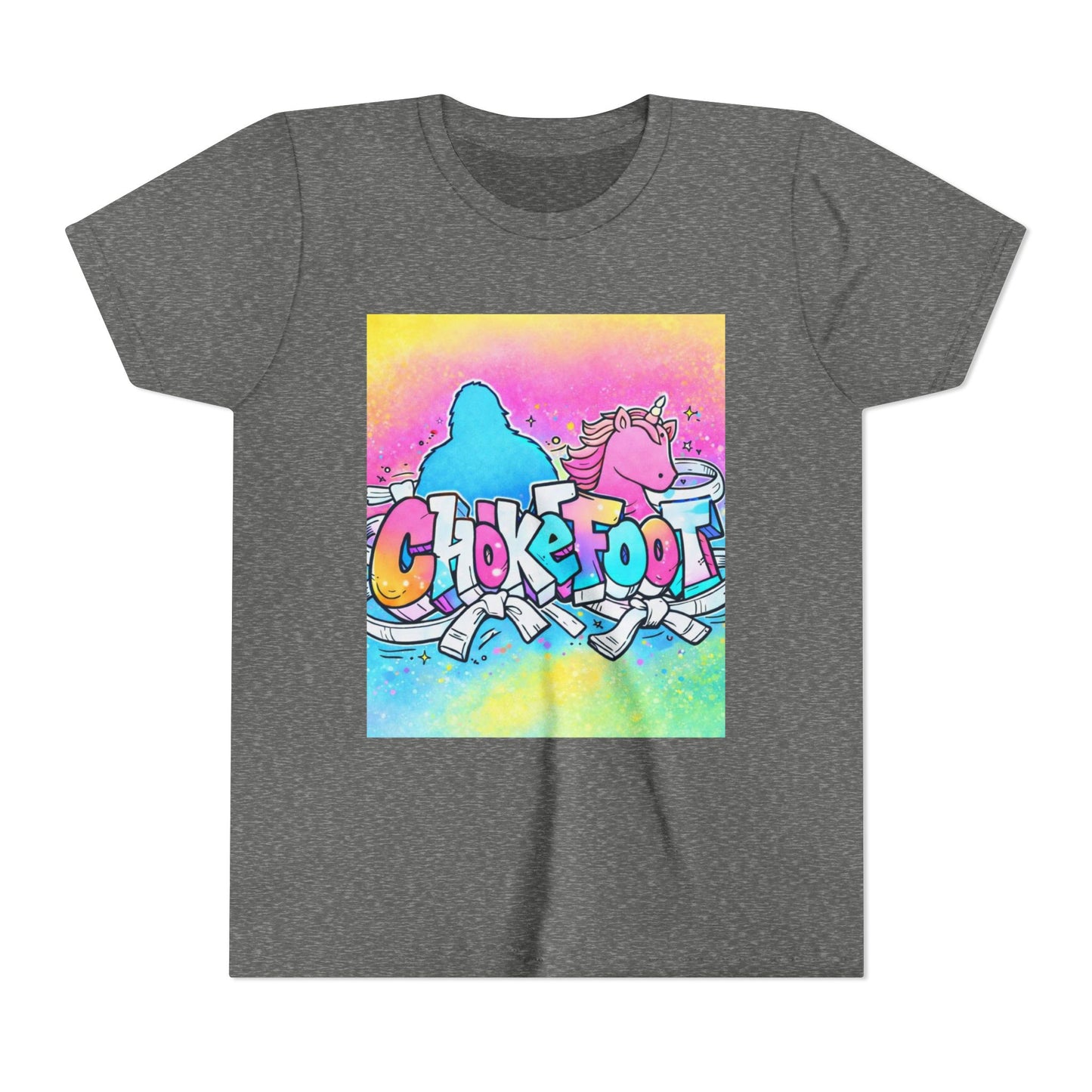Youth Tee — Colorful 'Chokefoot' Cartoon Unicorn & Bigfoot Graphic