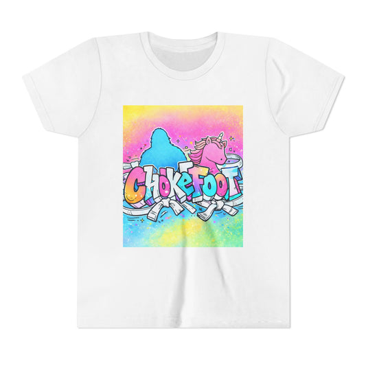 Youth Tee — Colorful 'Chokefoot' Cartoon Unicorn & Bigfoot Graphic