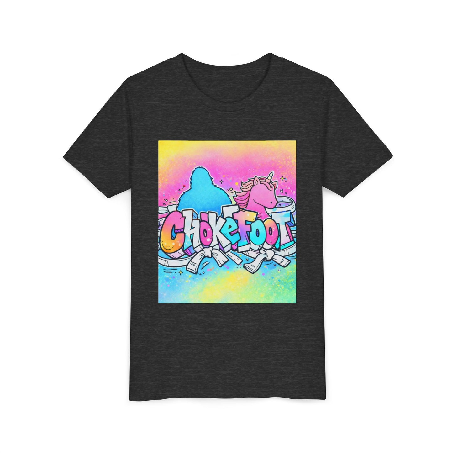 Youth Tee — Colorful 'Chokefoot' Cartoon Unicorn & Bigfoot Graphic