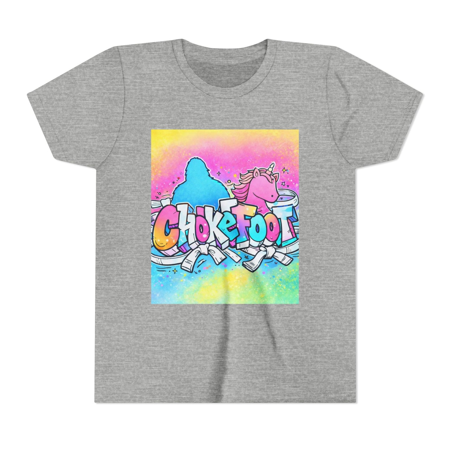 Youth Tee — Colorful 'Chokefoot' Cartoon Unicorn & Bigfoot Graphic