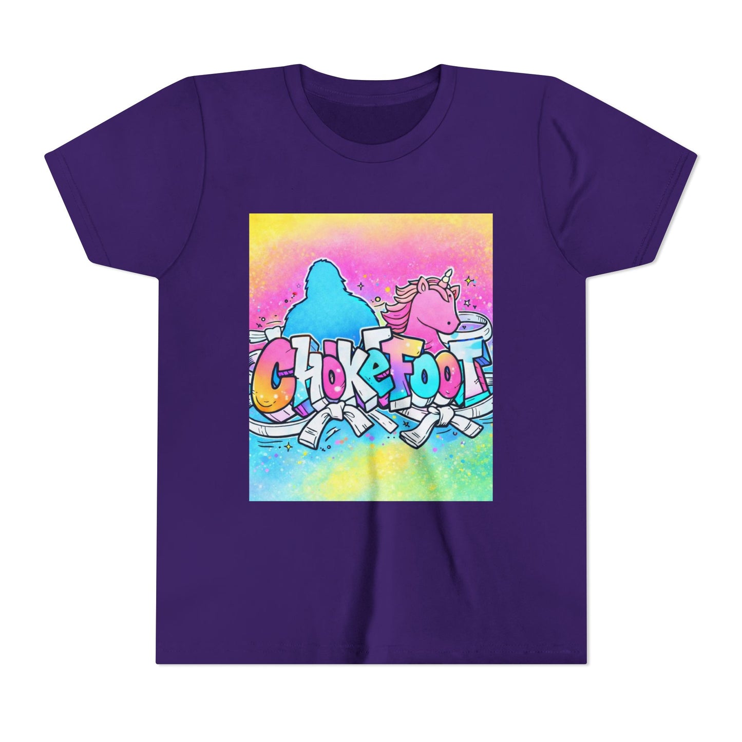 Youth Tee — Colorful 'Chokefoot' Cartoon Unicorn & Bigfoot Graphic