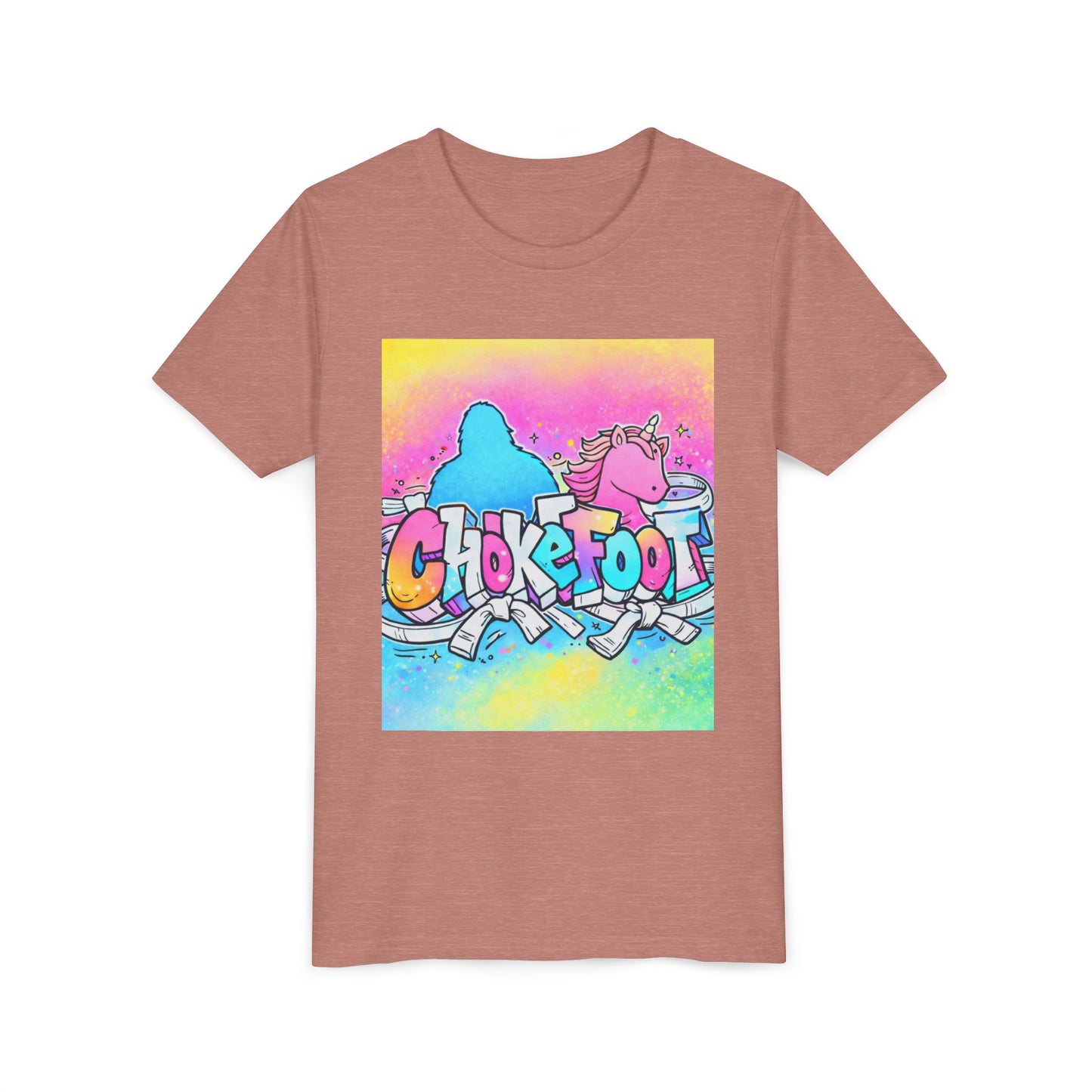 Youth Tee — Colorful 'Chokefoot' Cartoon Unicorn & Bigfoot Graphic