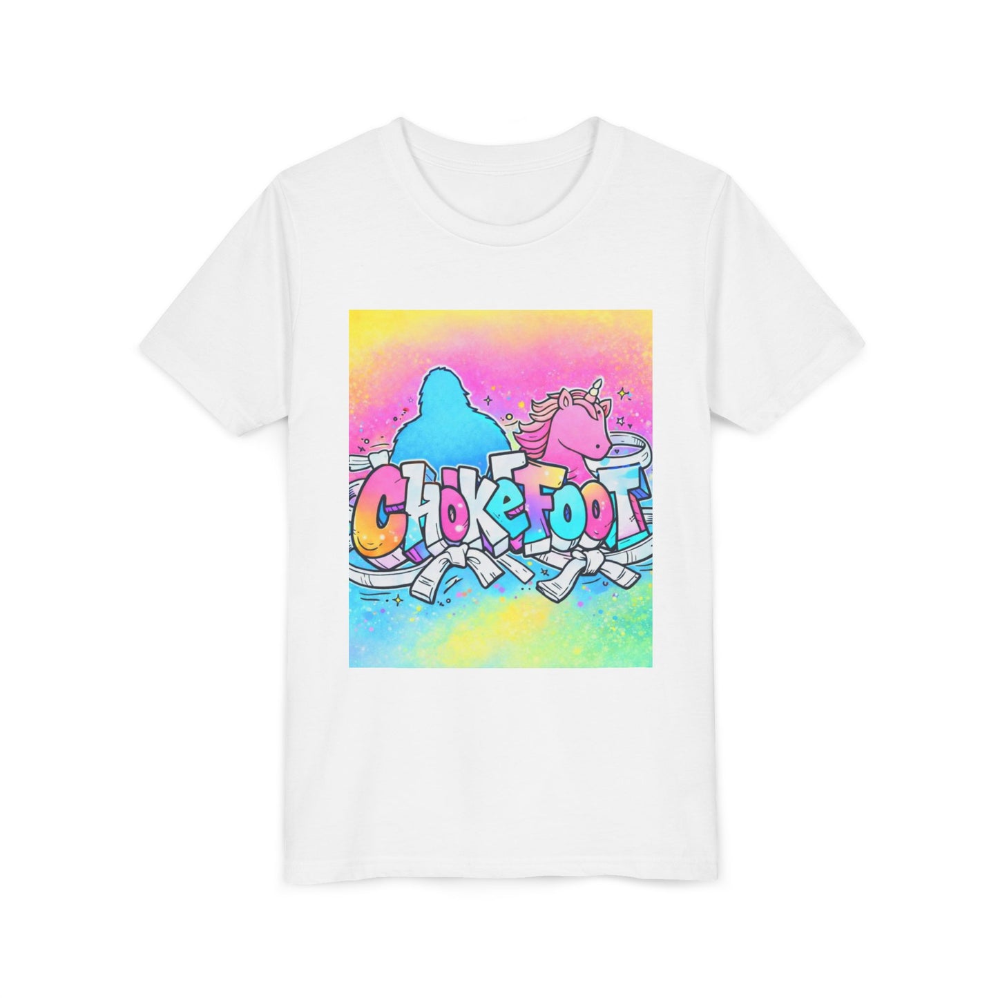 Youth Tee — Colorful 'Chokefoot' Cartoon Unicorn & Bigfoot Graphic