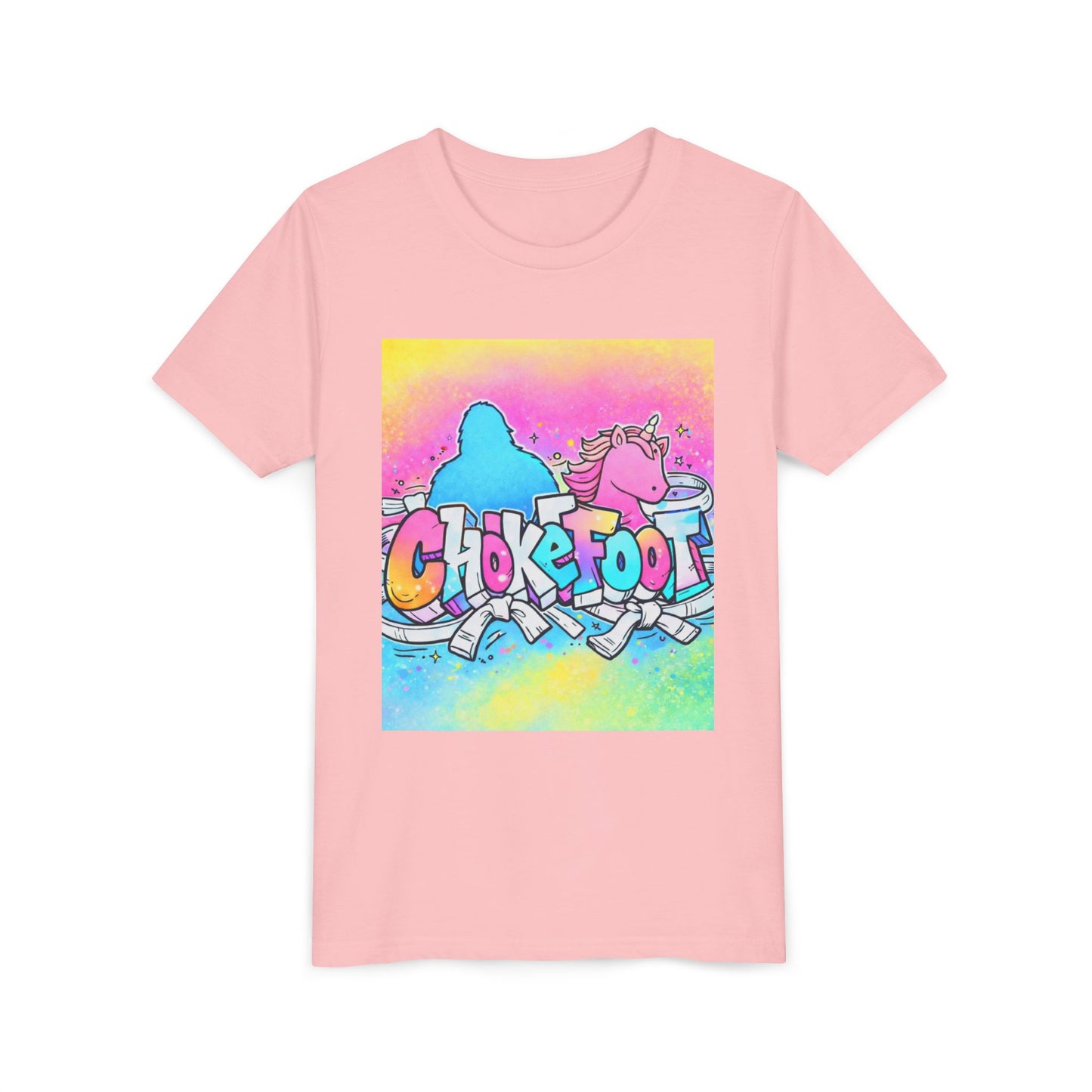 Youth Tee — Colorful 'Chokefoot' Cartoon Unicorn & Bigfoot Graphic