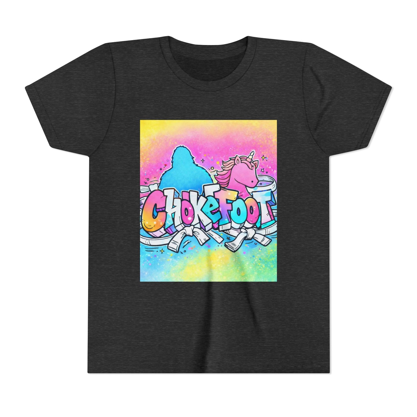 Youth Tee — Colorful 'Chokefoot' Cartoon Unicorn & Bigfoot Graphic