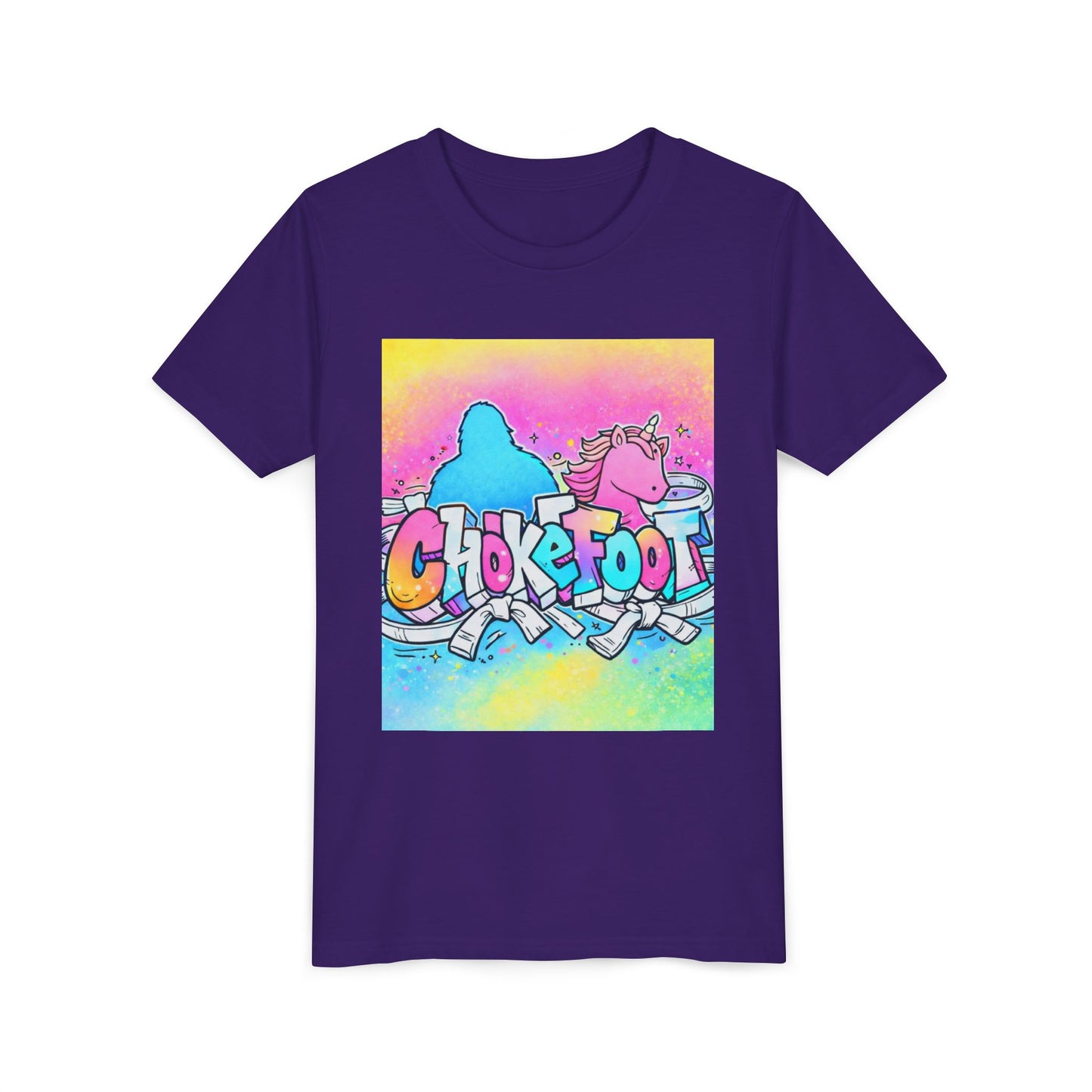 Youth Tee — Colorful 'Chokefoot' Cartoon Unicorn & Bigfoot Graphic