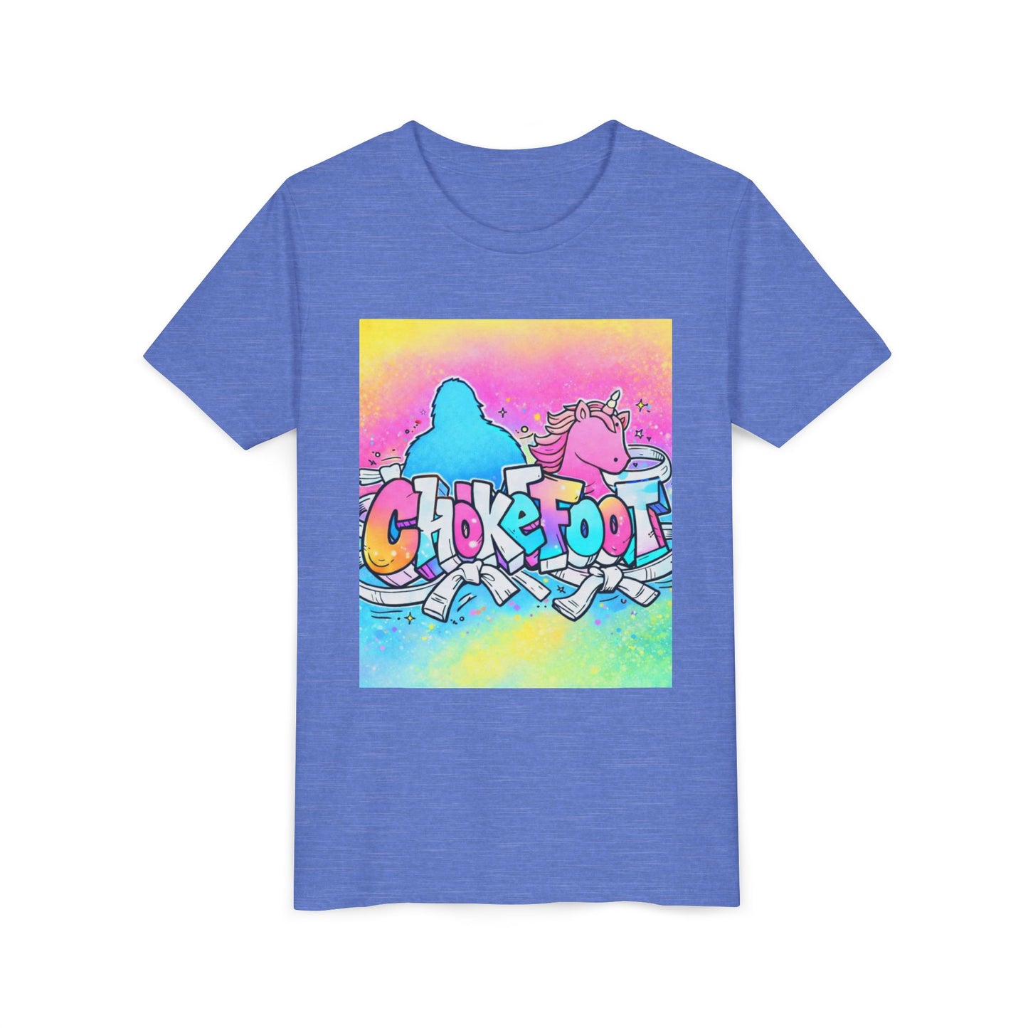Youth Tee — Colorful 'Chokefoot' Cartoon Unicorn & Bigfoot Graphic