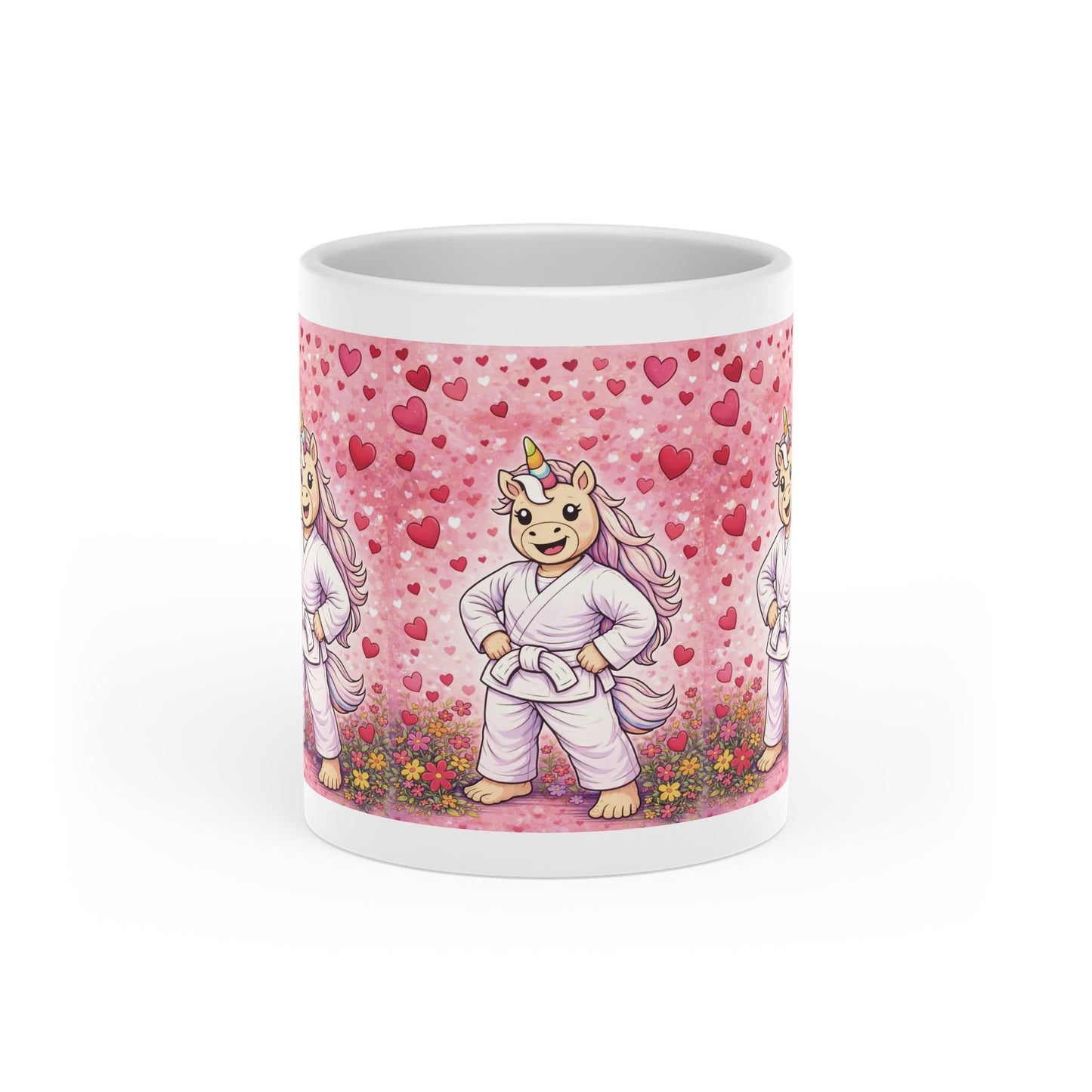 Unicorn Jiu-Jitsu Mug — Cute Heart Background Coffee Cup for Martial Arts Fans