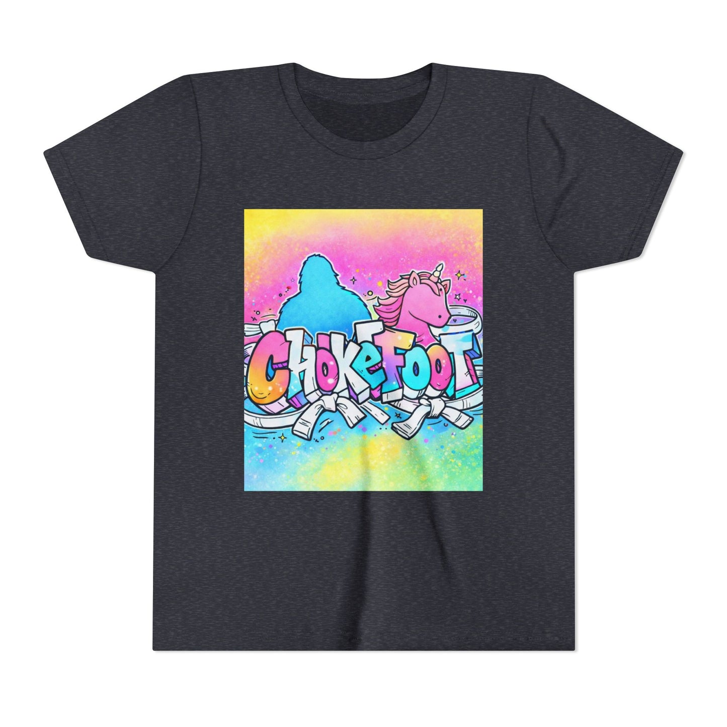 Youth Tee — Colorful 'Chokefoot' Cartoon Unicorn & Bigfoot Graphic